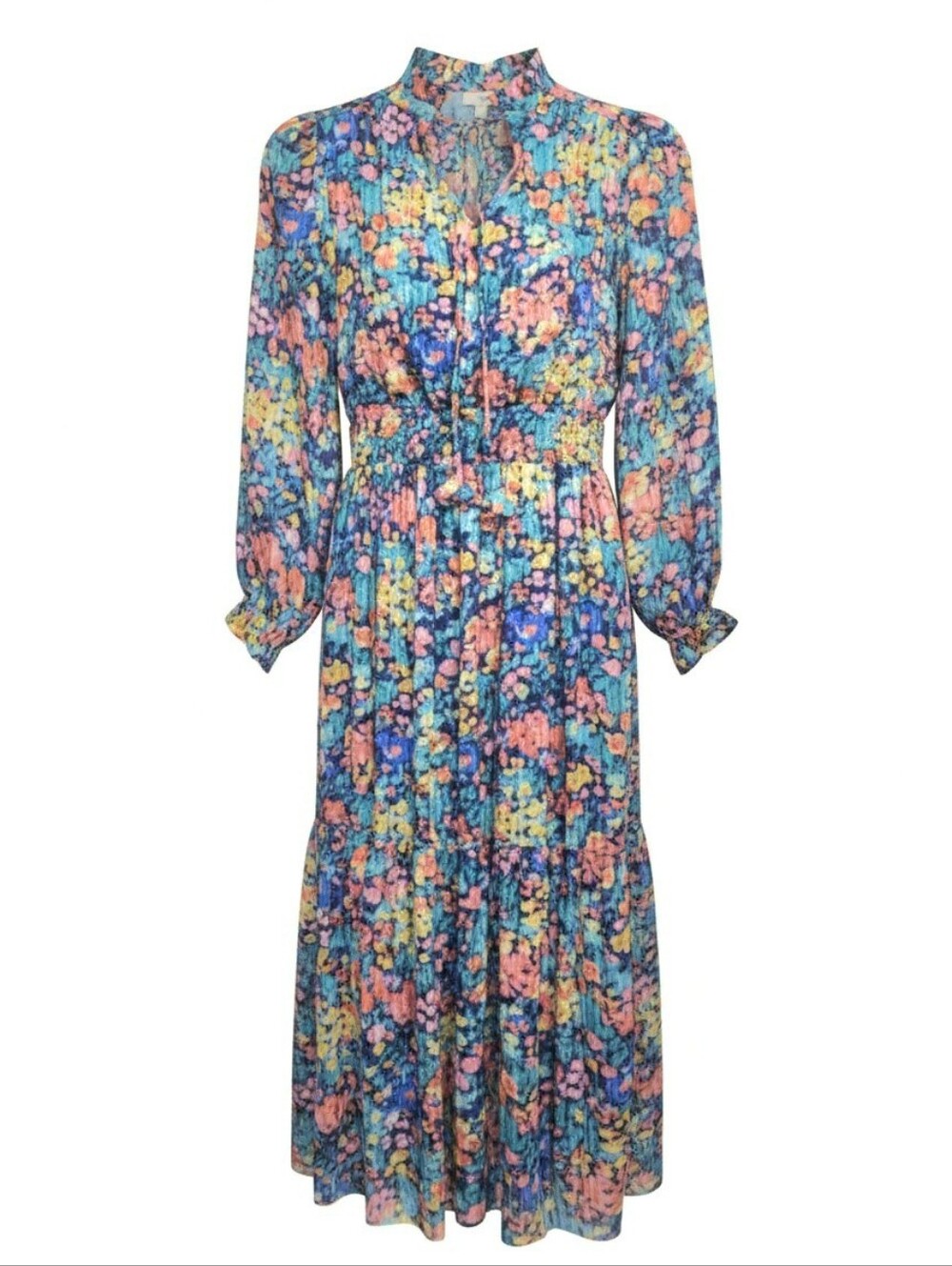 UMGEE NWOT Boho Metallic Shimmer Floral Smocked Waist Tiered Maxi Dress Sz M